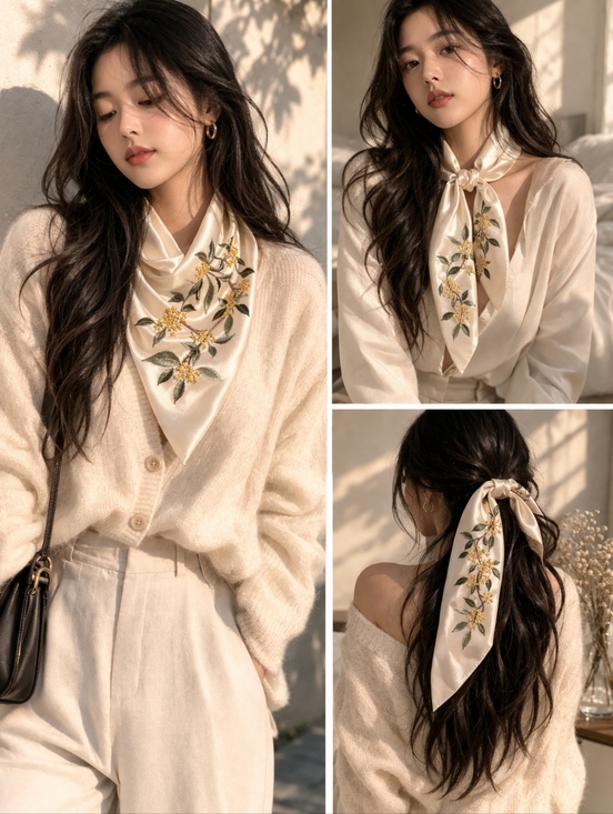 Suzhou Embroidery (Suxiu Mei) Accessories - NWT!! 100% Silk Embroidered Floral Scarf, Ivory Suzhou Style, Size 13 1/2" X 60"